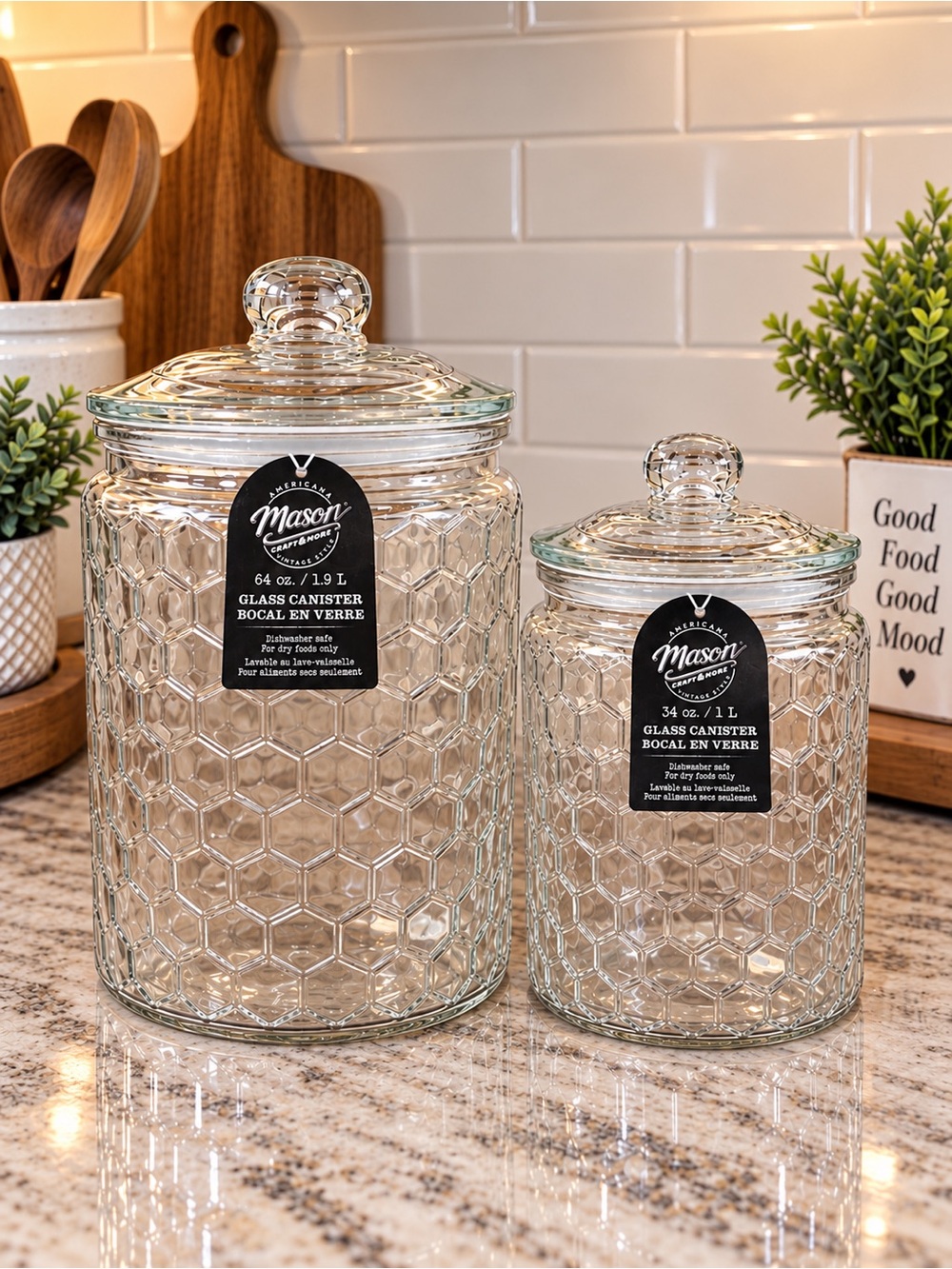 🆕 Mason Glass 🐝 Honeycomb Jars/ Canisters - Set of 2!